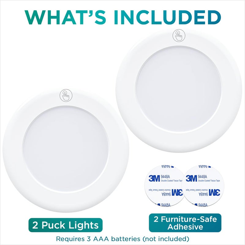 Brilliant Evolution Ultra Thin Wireless LED Touch Lights - Battery Operated Under Cabinet Lighting - Round Puck Lights for Closet, Countertop - Stick On Push Light for Home Decor - Pack of 2 - Image 2